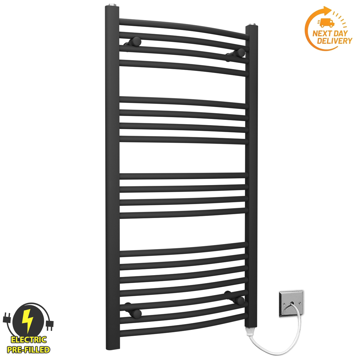  Radiateur sèche-serviettes électrique incurvé noir de 400 mm de large et 1 000 mm de haut