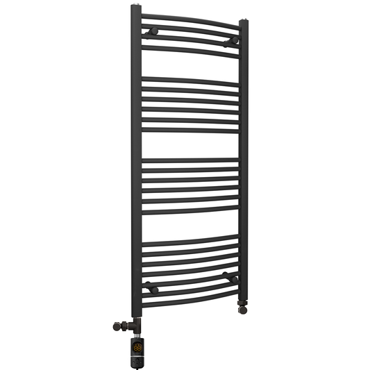 Dual Fuel 500 x 1200 mm Mattschwarzer gebogener beheizter Handtuchhalter – (inkl. Ventile + Elektroheizungs-Kit) 