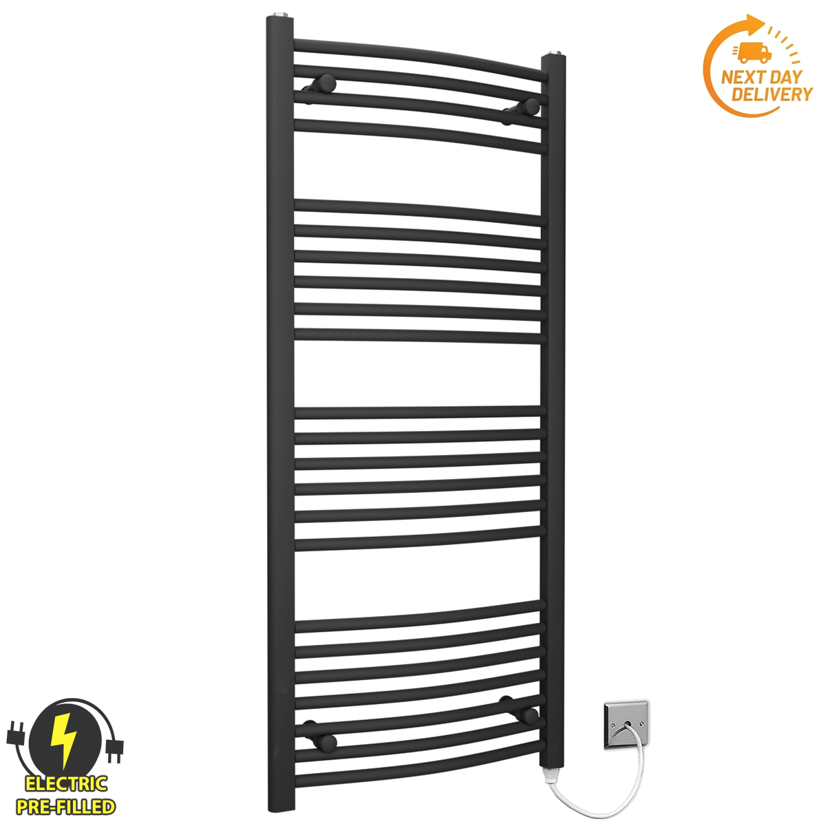  Radiateur sèche-serviettes électrique incurvé noir de 400 mm de large et 1 200 mm de haut