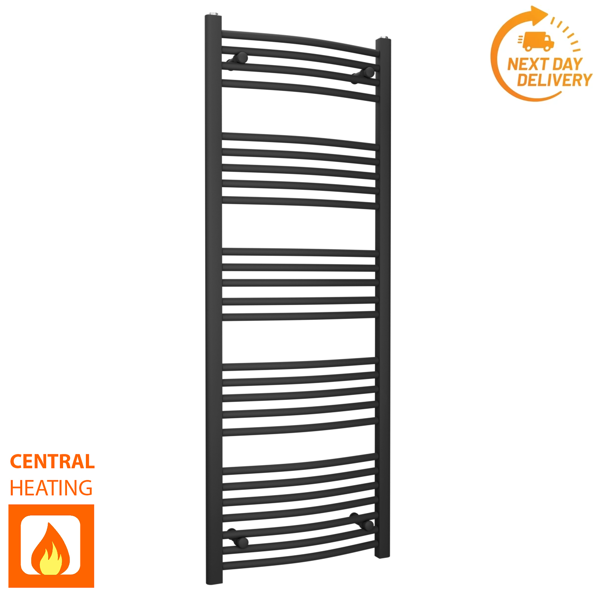  500mm Wide - 1400mm High Curved  Black Heated Towel Rail Radiator