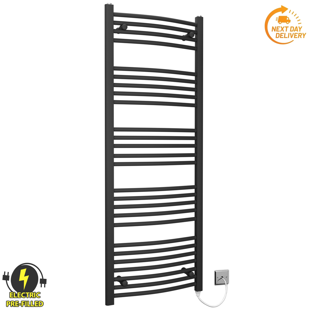  Radiateur sèche-serviettes électrique incurvé noir de 500 mm de large et 1 400 mm de haut