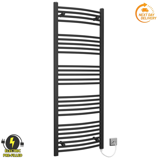 500mm Wide - 1400mm High Curved Black Electric Heated Towel Rail Radiator 