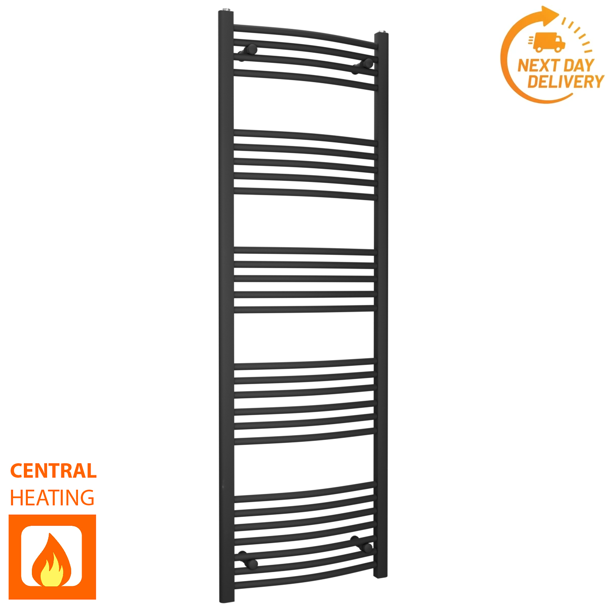  500mm Wide - 1600mm High Curved  Black Heated Towel Rail Radiator