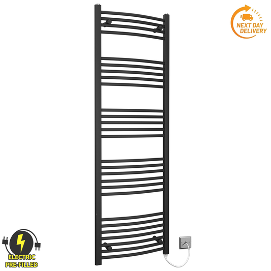 500mm Wide - 1600mm High Curved Black Electric Heated Towel Rail Radiator 