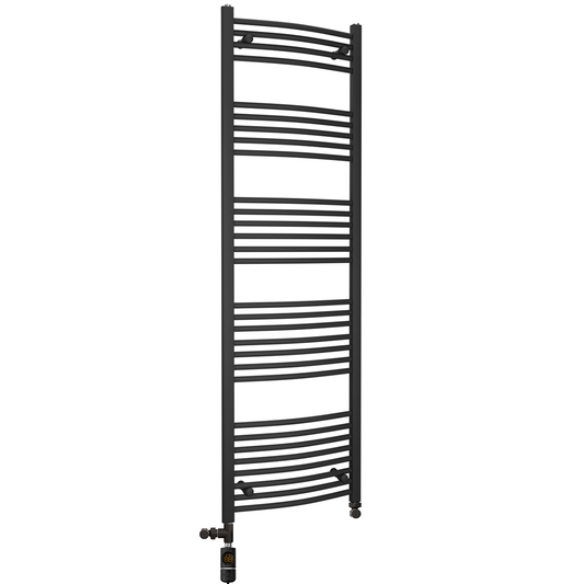 Dual Fuel 500 x 1700mm Matt Black Curved Heated Towel Rail - (incl. Valves + Electric Heating Kit) 