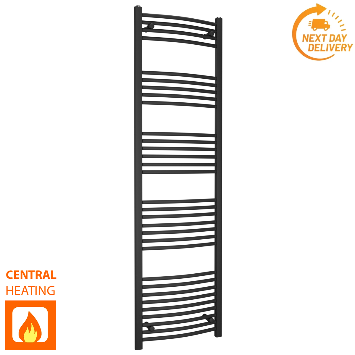  500mm Wide - 1800mm High Curved  Black Heated Towel Rail Radiator