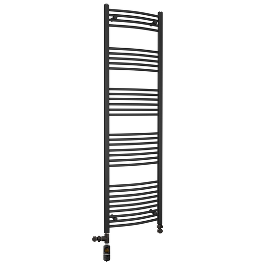 Dual Fuel 500 x 1800mm Matt Black Curved Heated Towel Rail - (incl. Valves + Electric Heating Kit) 