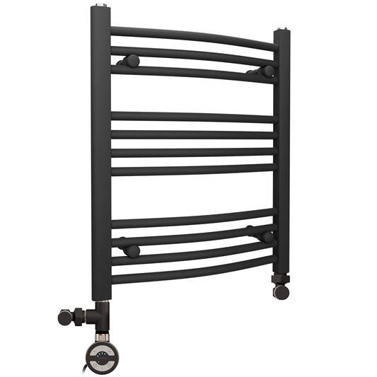 Sèche-serviettes chauffant incurvé noir mat bi-énergie 450 x 600 mm (avec vannes et kit de chauffage électrique) 