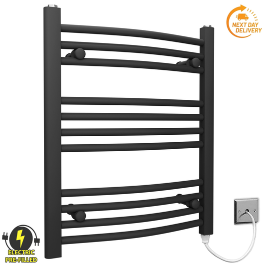 500mm Wide - 600mm High Curved Black Electric Heated Towel Rail Radiator 