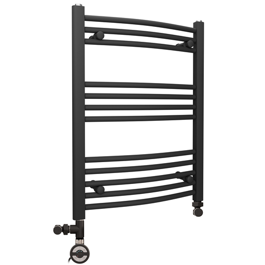 Sèche-serviettes chauffant incurvé noir mat bi-énergie 450 x 700 mm (avec vannes et kit de chauffage électrique) 