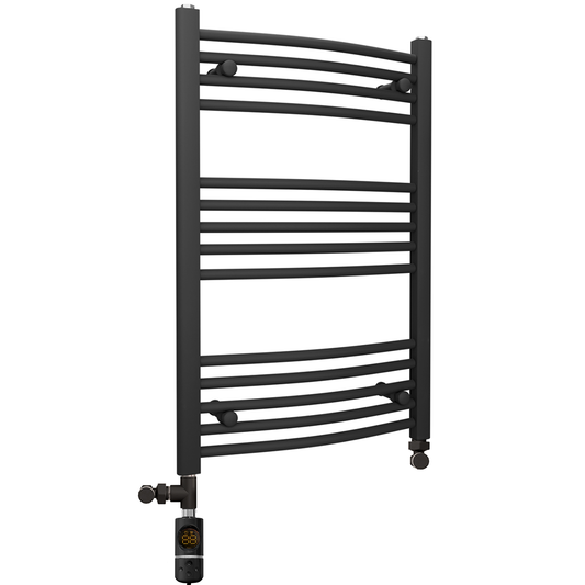 Dual Fuel 500 x 800 mm Mattschwarzer gebogener beheizter Handtuchhalter – (inkl. Ventile + Elektroheizungs-Kit) 