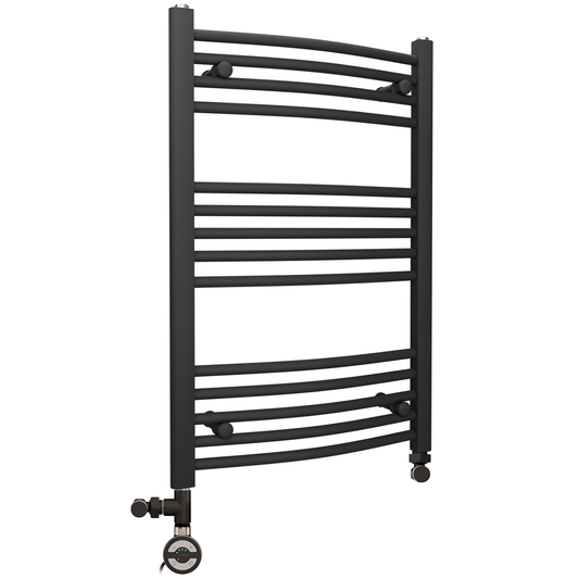 Sèche-serviettes chauffant incurvé noir mat bi-énergie 450 x 800 mm (avec vannes et kit de chauffage électrique) 