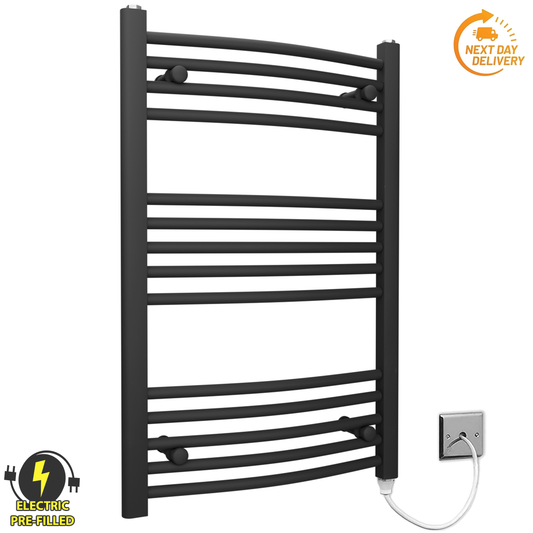 500mm Wide - 800mm High Curved Black Electric Heated Towel Rail Radiator 