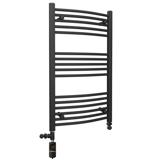 Dual Fuel 500 x 900 mm Mattschwarzer gebogener beheizter Handtuchhalter – (inkl. Ventile + Elektroheizungs-Kit) 