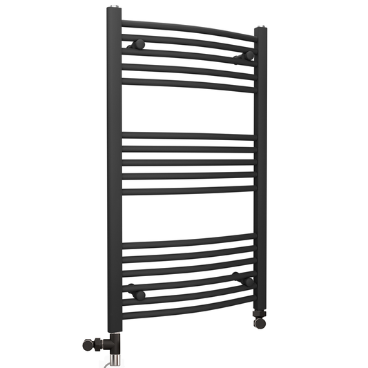 Dual Fuel 400 x 900mm Matt Black Curved Heated Towel Rail - (incl. Valves + Electric Heating Kit) 