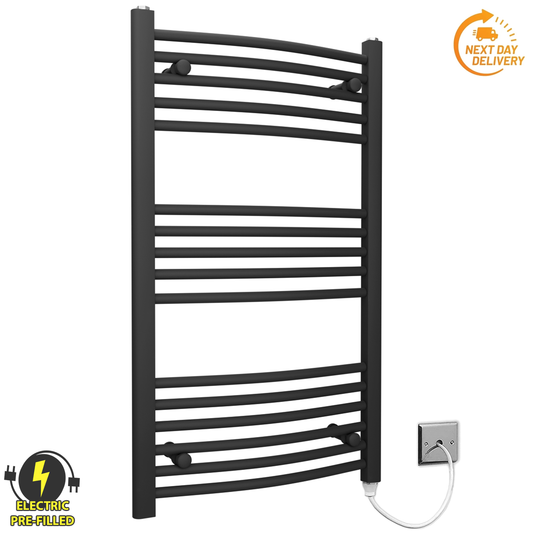 500mm Wide - 900mm High Curved Black Electric Heated Towel Rail Radiator 
