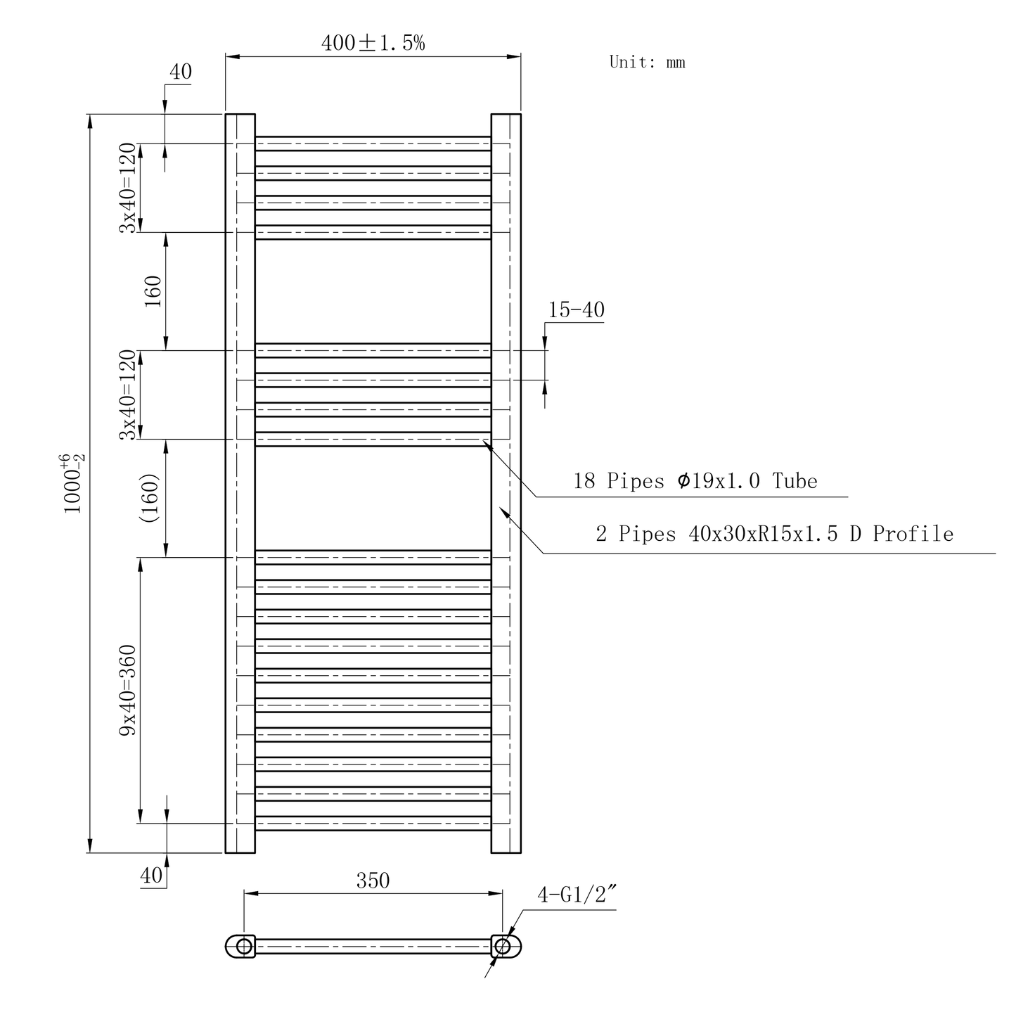  400mm x 1000mm White Heated Towel Rail Radiator | Central Heating 19mm Tube