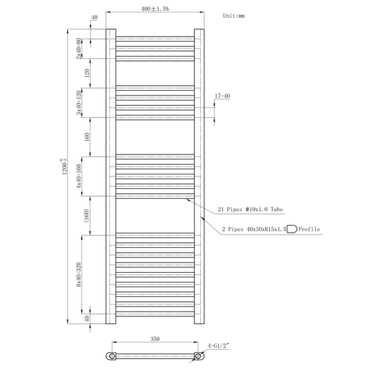 400mm x 1200mm White Heated Towel Rail Radiator | Central Heating 19mm Tube 