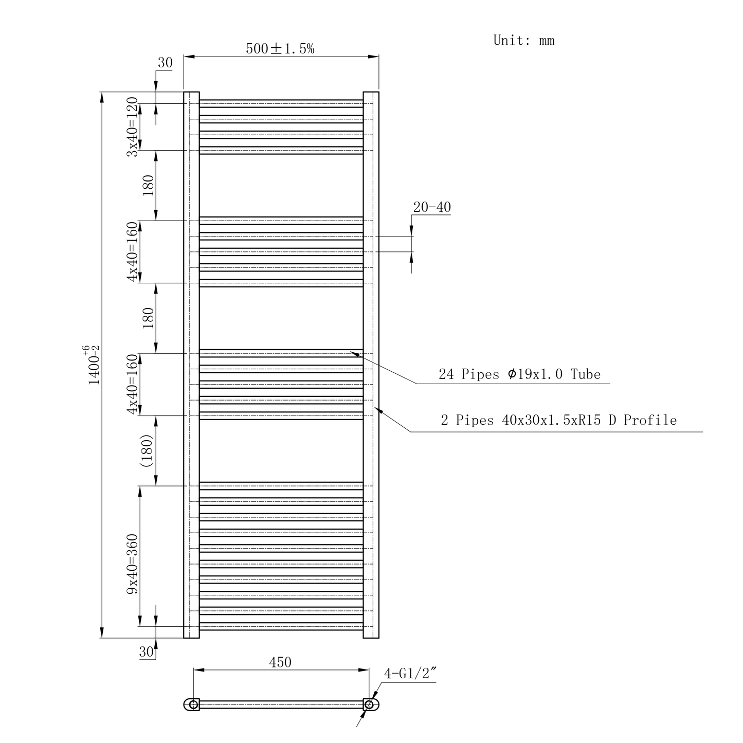  500mm x 1400mm White Heated Towel Rail Radiator | Dual Fuel 19mm Tube