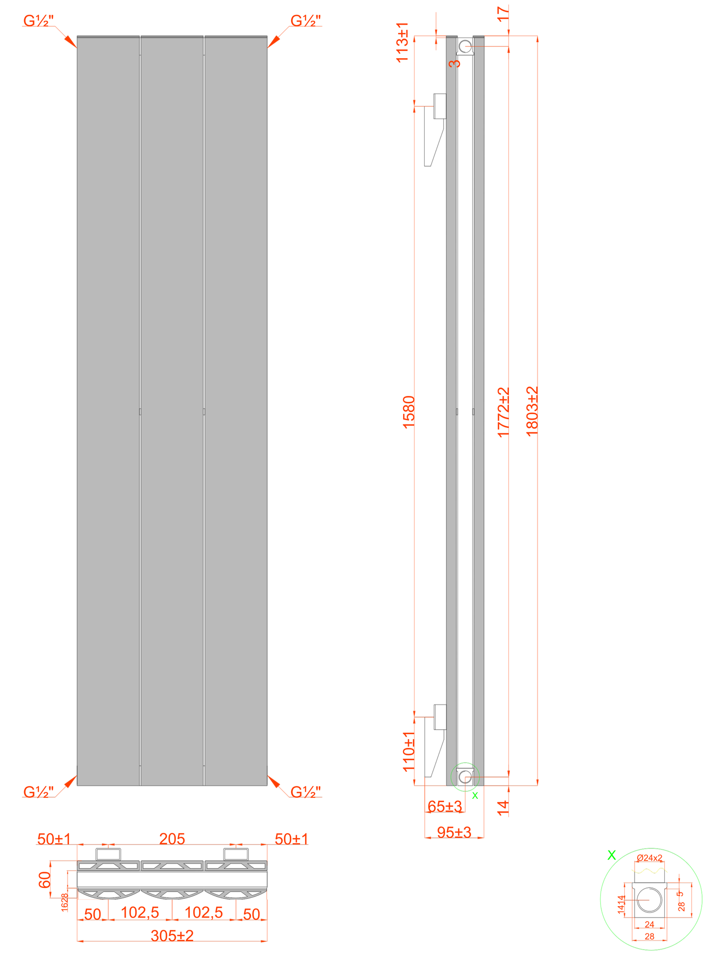  Vertical Aluminium Radiator 1800 x 305mm – Anthracite Grey Double Panel – Model Diva
