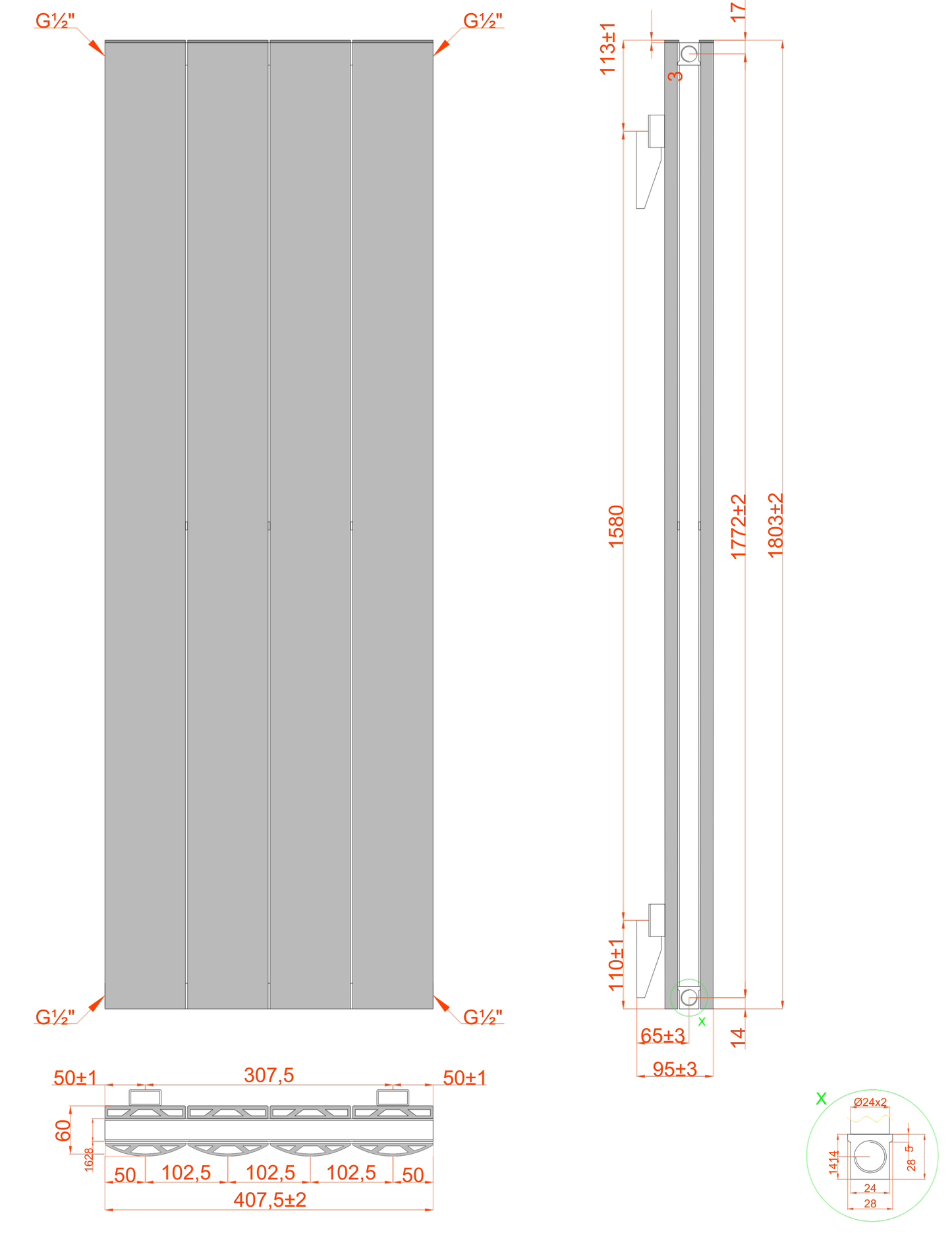  Vertical Aluminium Radiator 1800 x 407mm – Anthracite Grey Double Panel – Model Diva