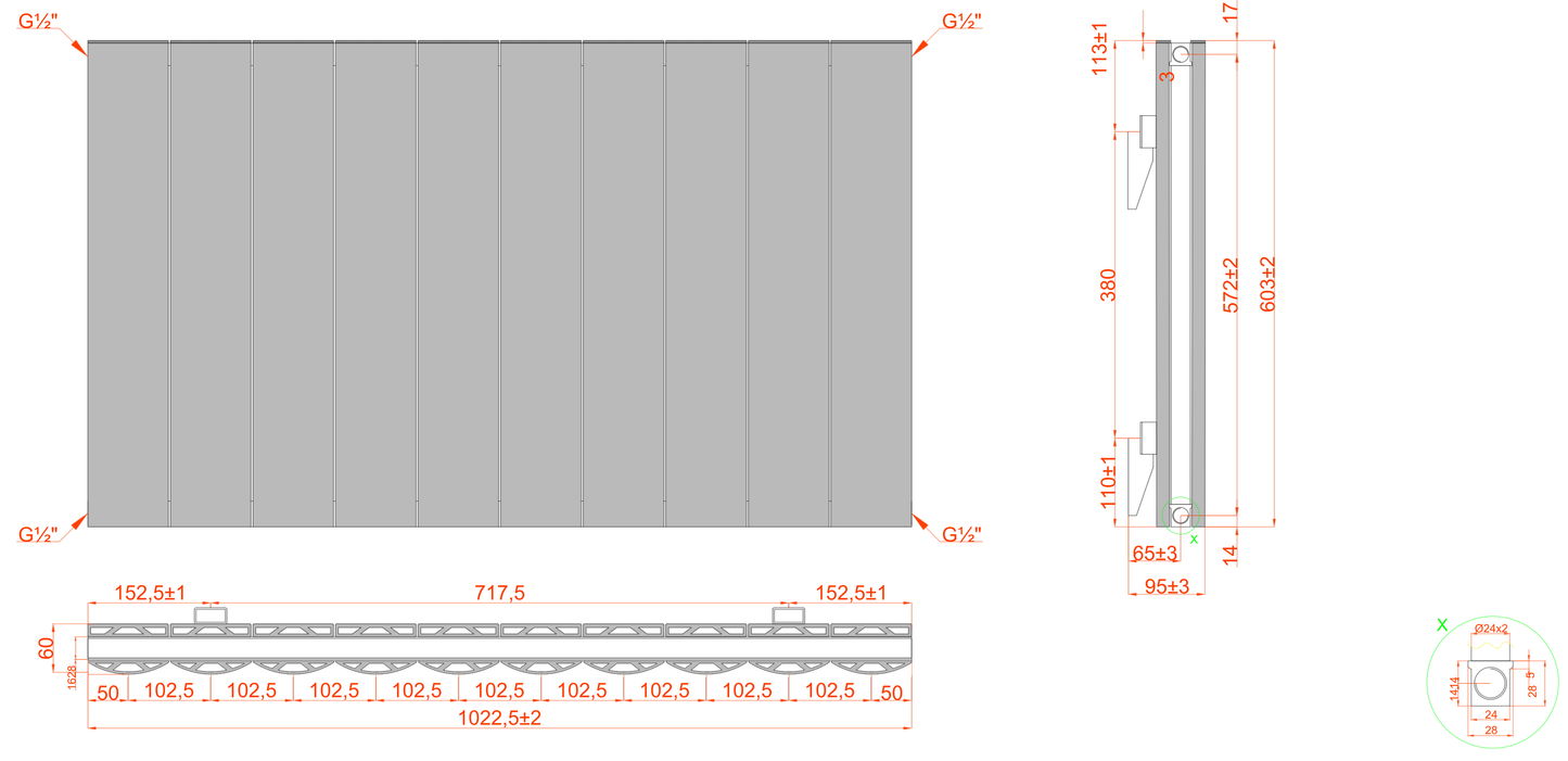  Horizontal Aluminium Radiator 600 x 1022mm – Anthracite Grey Double Panel – Model Diva