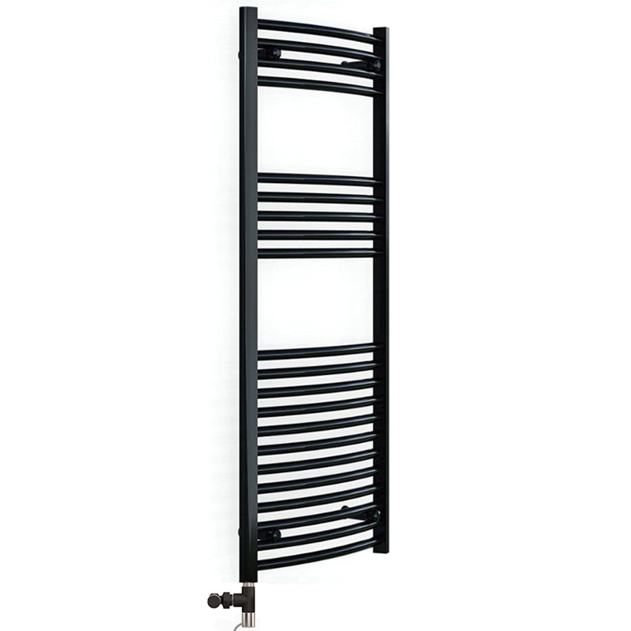  Dual Fuel 500 x 1200mm Matt Black Curved Heated Towel Rail 25mm Tube- (incl. Valves + Electric Heating Kit)