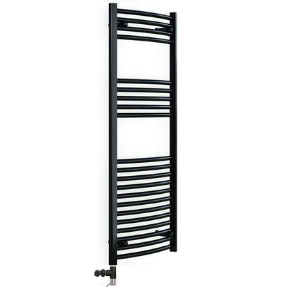  Dual Fuel 500 x 1200mm Matt Black Curved Heated Towel Rail 25mm Tube- (incl. Valves + Electric Heating Kit) 