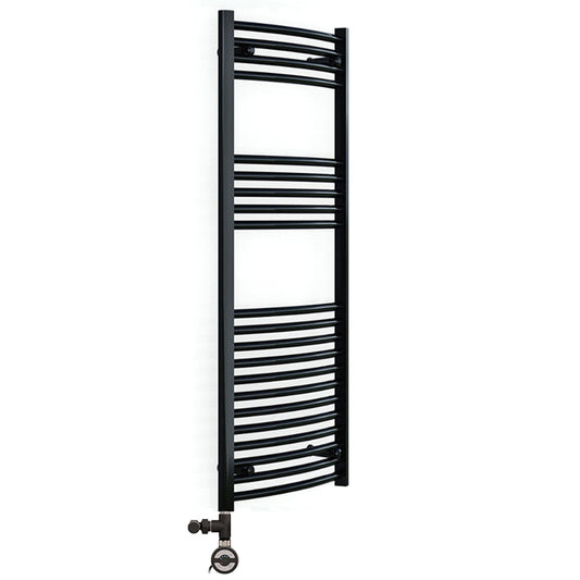 Dual Fuel 500 x 1200mm Matt Black Curved Heated Towel Rail 25mm Tube- (incl. Valves + Electric Heating Kit) 