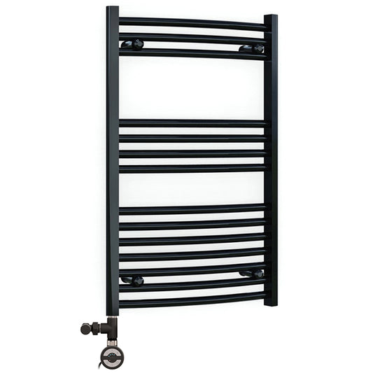 Dual Fuel 500 x 800mm Matt Black Curved Heated Towel Rail 25mm Tube- (incl. Valves + Electric Heating Kit)