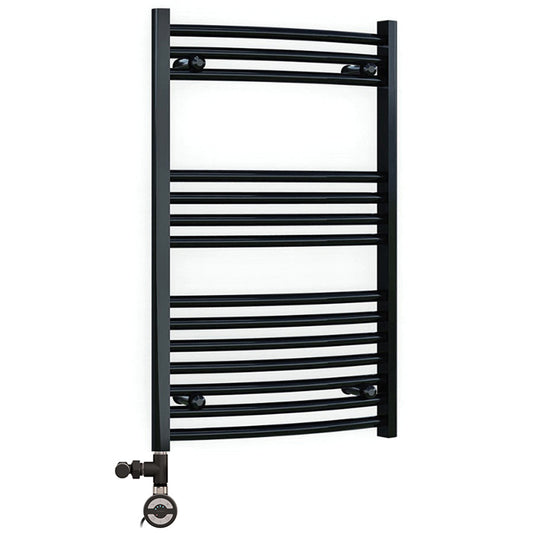 Dual Fuel 600 x 800mm Matt Black Curved Heated Towel Rail 25mm Tube- (incl. Valves + Electric Heating Kit)