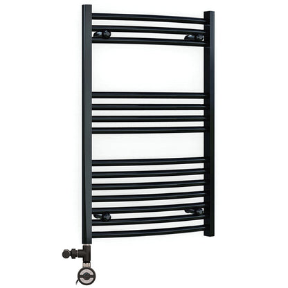  Dual Fuel 600 x 800mm Matt Black Curved Heated Towel Rail 25mm Tube- (incl. Valves + Electric Heating Kit) 
