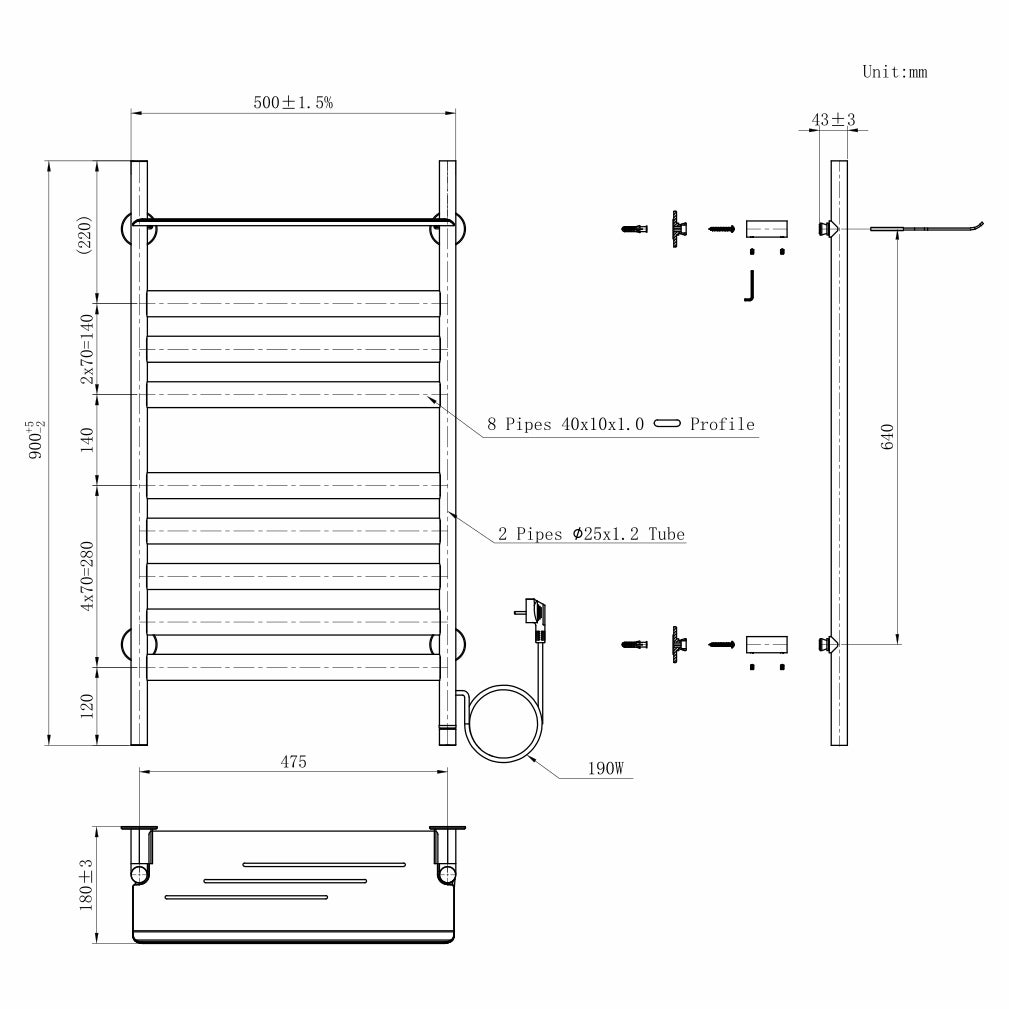  500 x 900mm White Electric Dry Heating Towel Rail Radiator With a Top Shelf GD Model