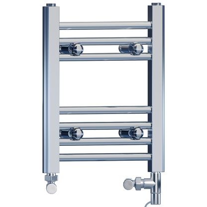  Dual Fuel 350 x 400mm Straight Chrome  Heated Towel Rail Radiator- (incl. Valves + Electric Heating Kit) 