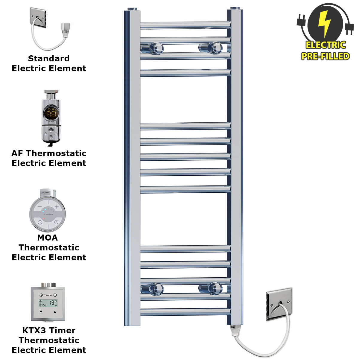  350mm Wide - 800mm High Flat Chrome Electric Heated Towel Rail Radiator