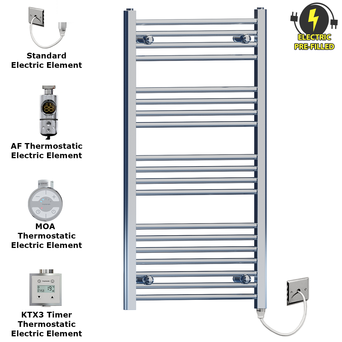  600mm Wide - 1000mm High Flat Chrome Electric Heated Towel Rail Radiator
