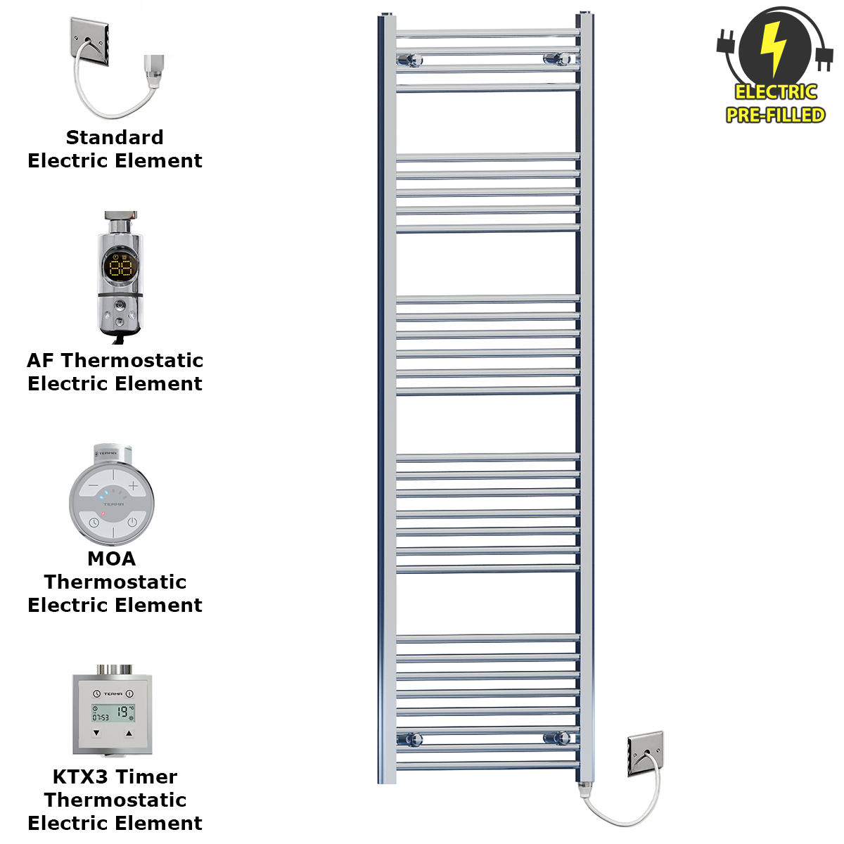  400mm Wide - 1700mm High Flat Chrome Electric Heated Towel Rail Radiator