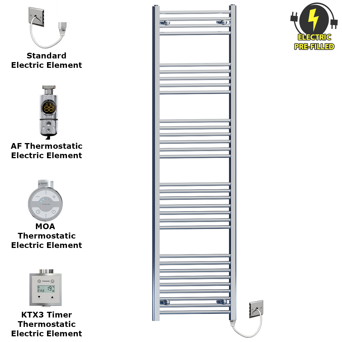  400mm Wide - 1800mm High Flat Chrome Electric Heated Towel Rail Radiator