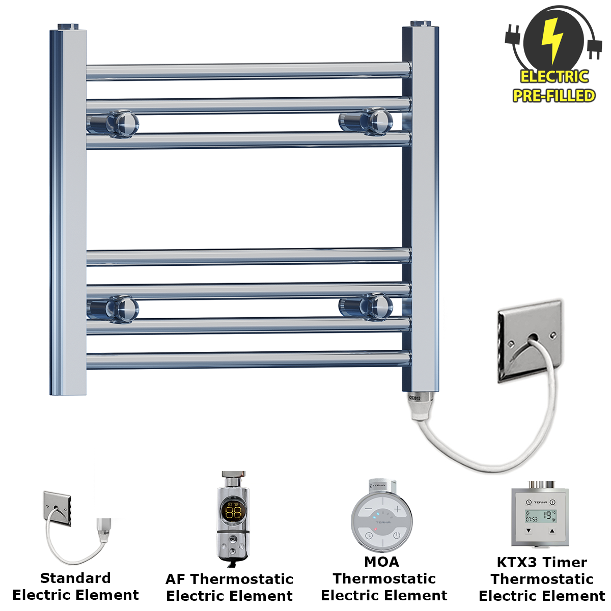  500mm Wide - 400mm High Flat Chrome Electric Heated Towel Rail Radiator