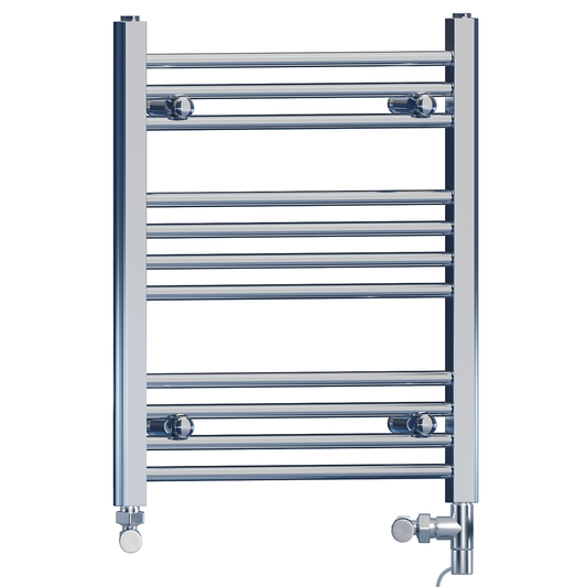 Dual Fuel 500 x 600mm Straight Chrome  Heated Towel Rail Radiator- (incl. Valves + Electric Heating Kit) 