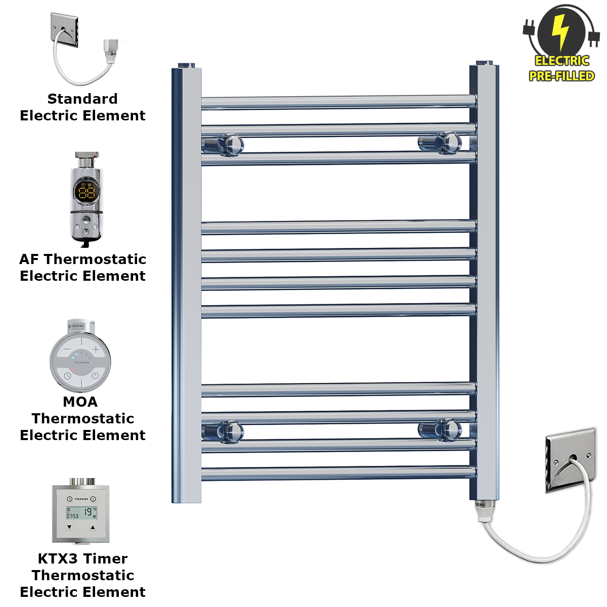  400mm Wide - 600mm High Flat Chrome Electric Heated Towel Rail Radiator