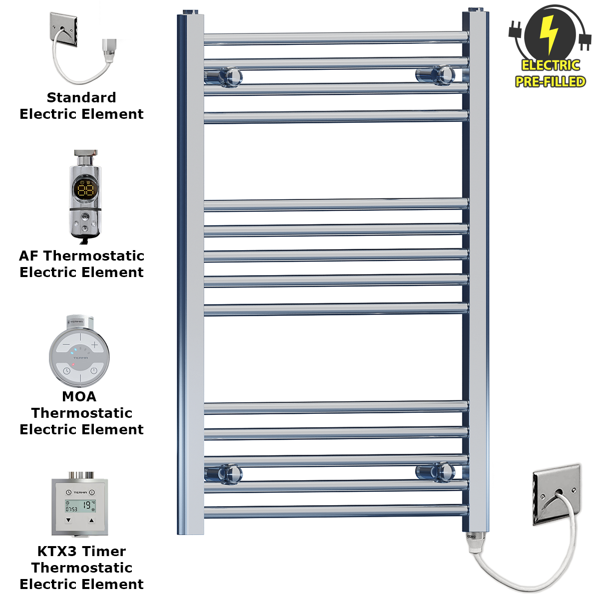  Radiateur sèche-serviettes électrique plat chromé de 450 mm de large et 800 mm de haut
