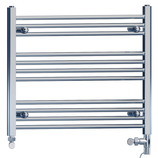 Dual Fuel 900 x 600mm Straight Chrome Heated Towel Rail Radiator- (incl. Valves + Electric Heating Kit) 