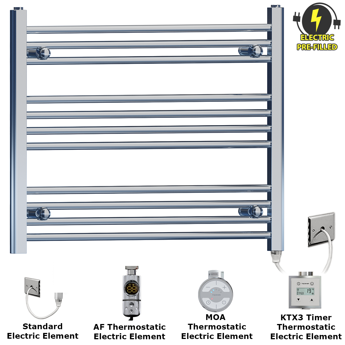  700mm Wide - 600mm High Flat Chrome Electric Heated Towel Rail Radiator