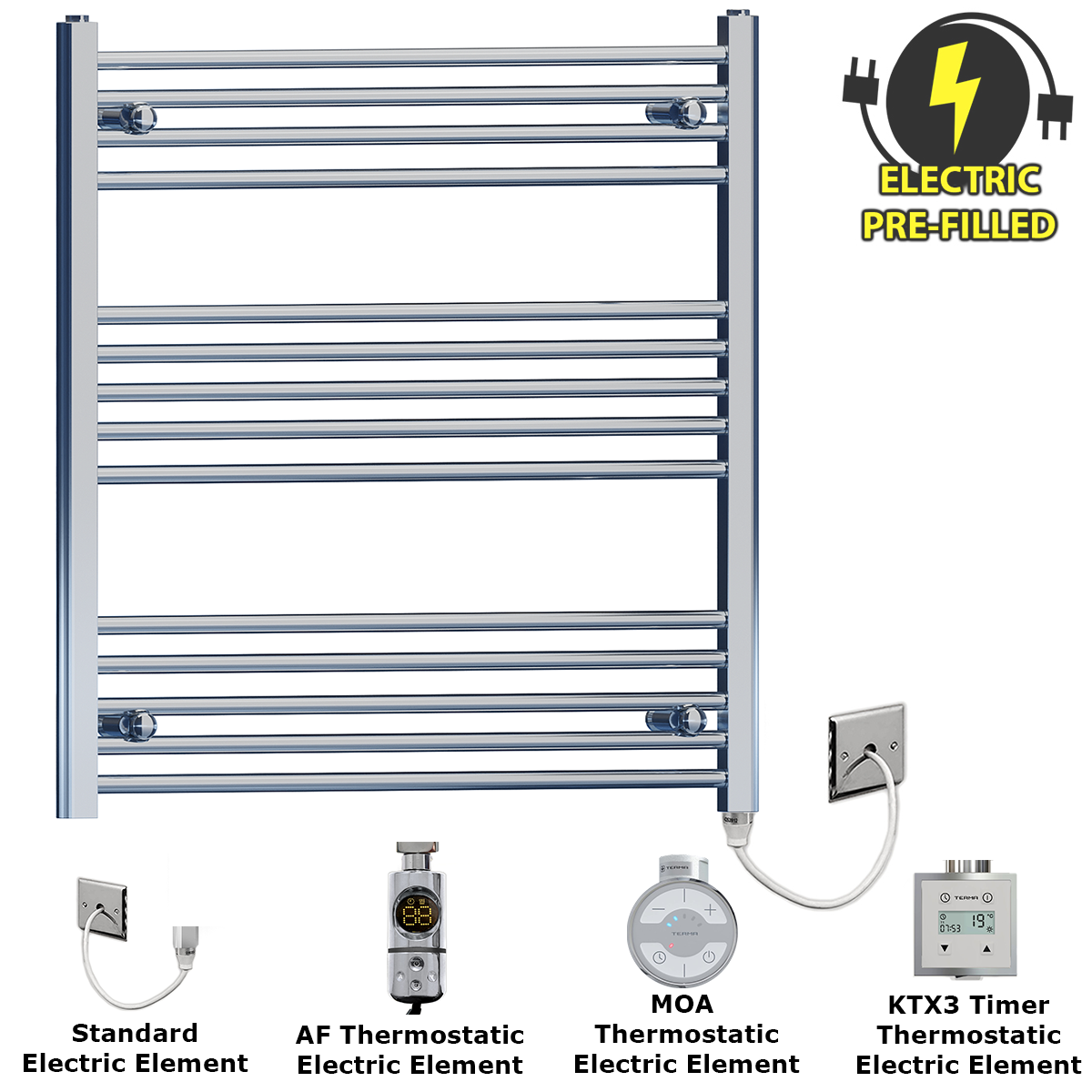  Radiateur sèche-serviettes électrique plat chromé de 700 mm de large et 800 mm de haut