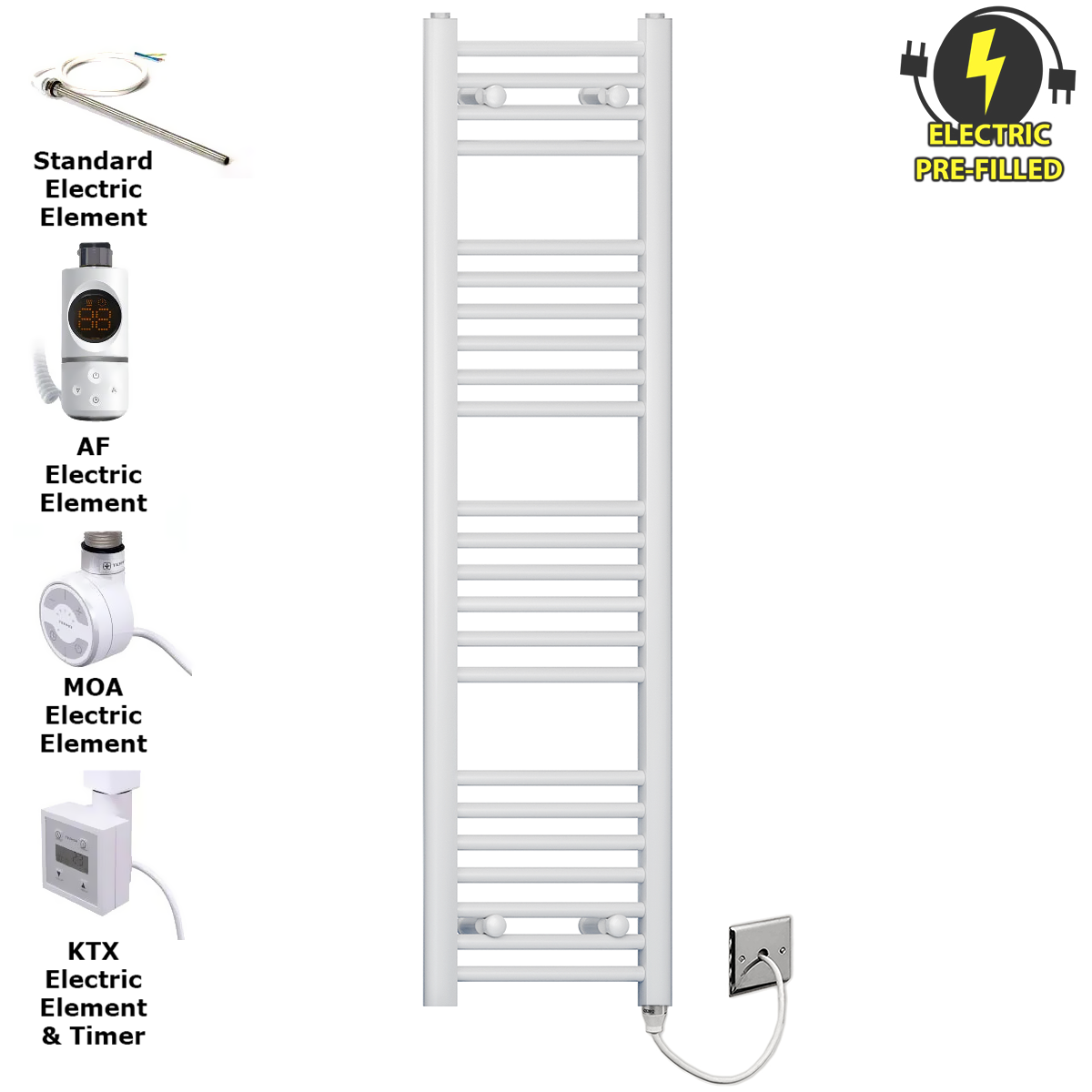 300mm Wide - 1200mm High Flat White Electric Heated Towel Rail Radiator