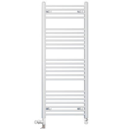  Dual Fuel 400 x 1200mm Straight White Heated Towel Rail - (incl. Valves + Electric Heating Kit) 