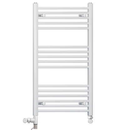  Dual Fuel 400 x 900mm Straight White Heated Towel Rail - (incl. Valves + Electric Heating Kit) 