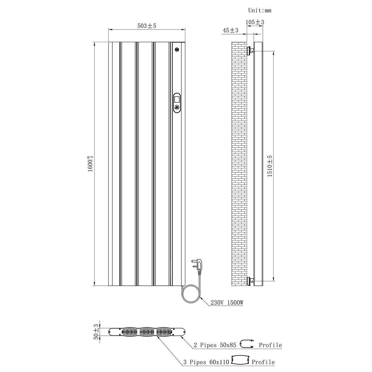  498 x 1600mm Smart Wifi Electric Panel Radiator - 1500W White Vertical Aluminium