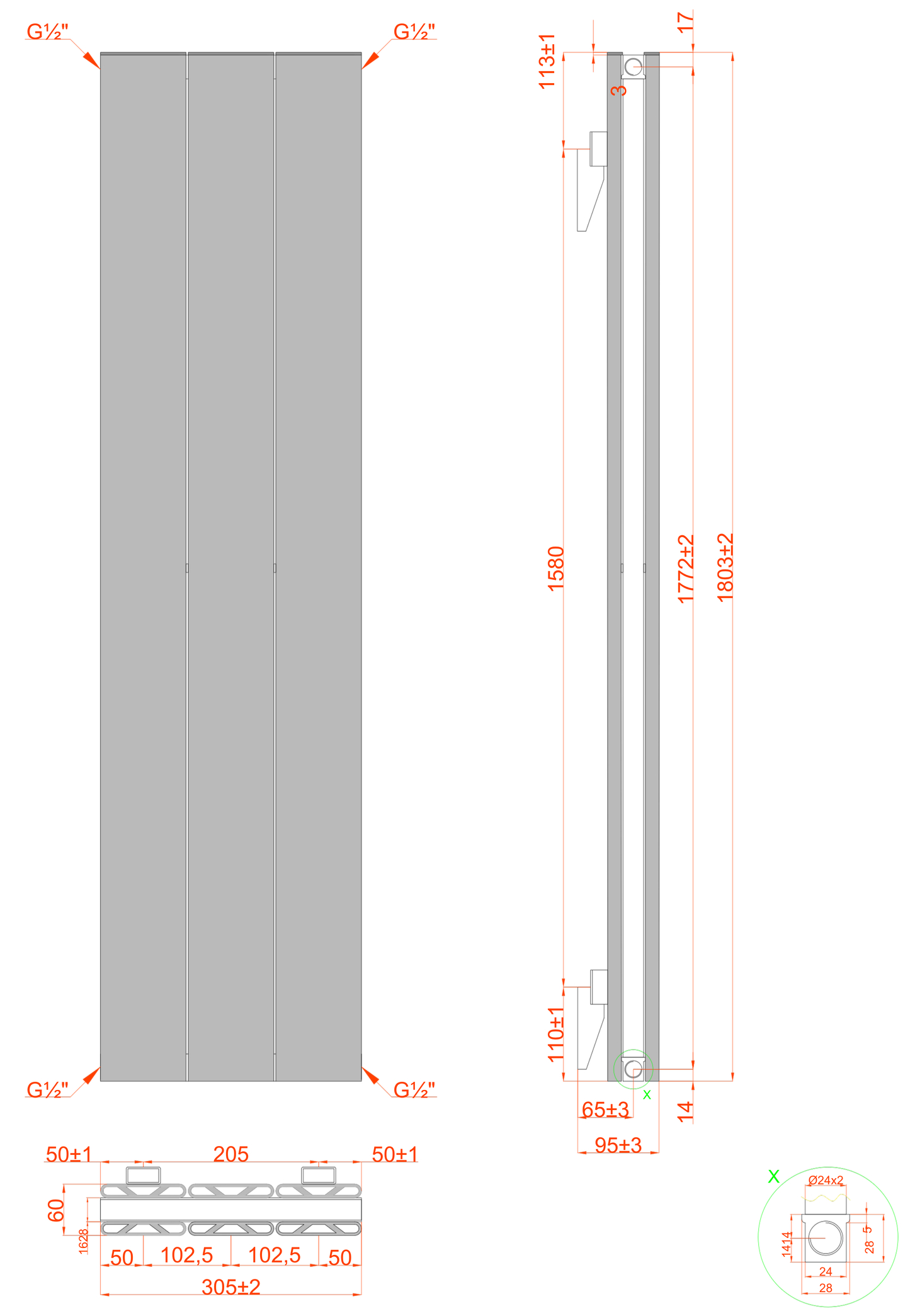  Vertical Aluminium Radiator 1800 x 305mm – Anthracite Grey Double Panel – Model Lena